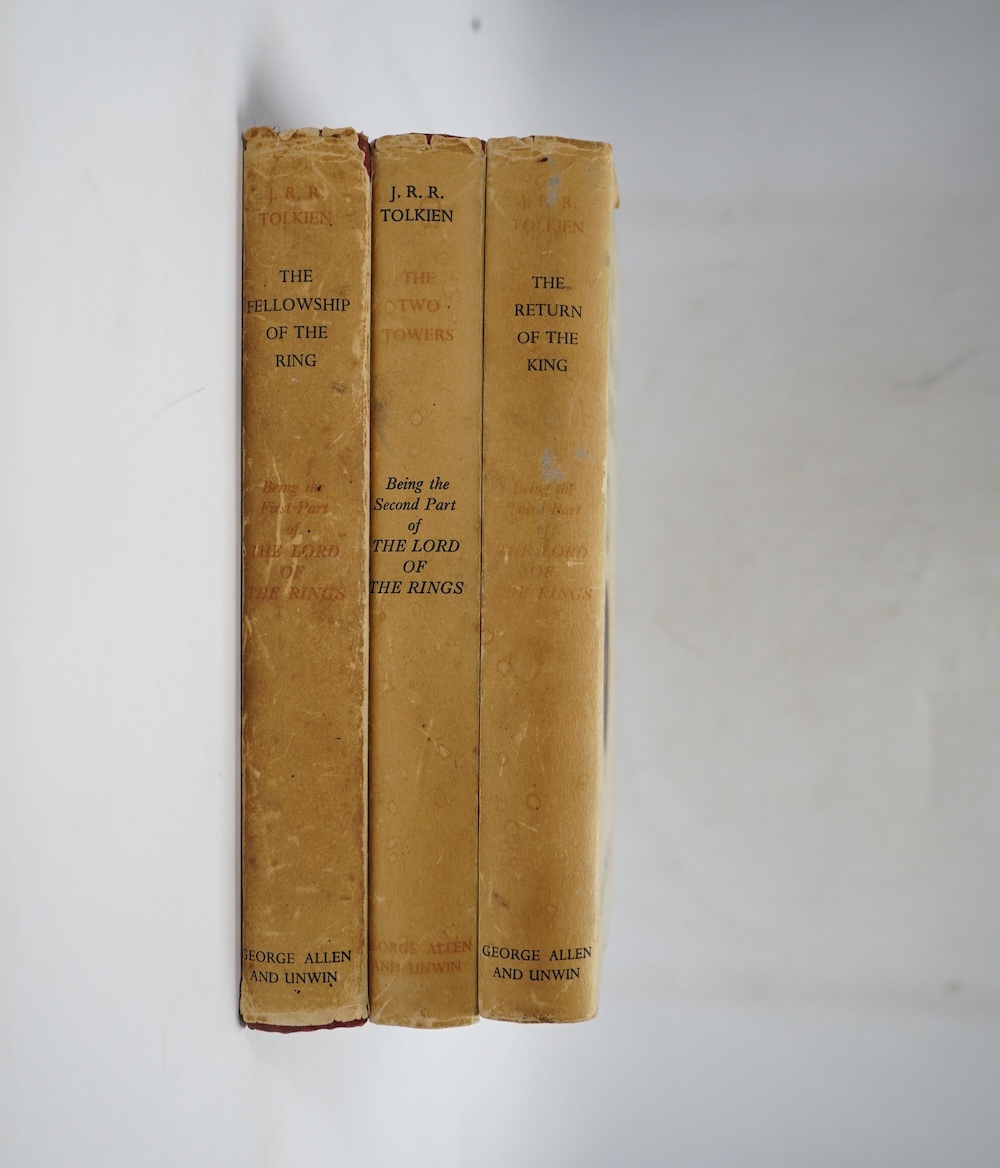 Tolkien, J.J.R - Lord of the Rings, 3 vols, to consist of The Fellowship of the Ring, first edition, 8th. impression, original cloth, folding map at rear, clipped dust-jacket, browned with slight loss to head of spine; T